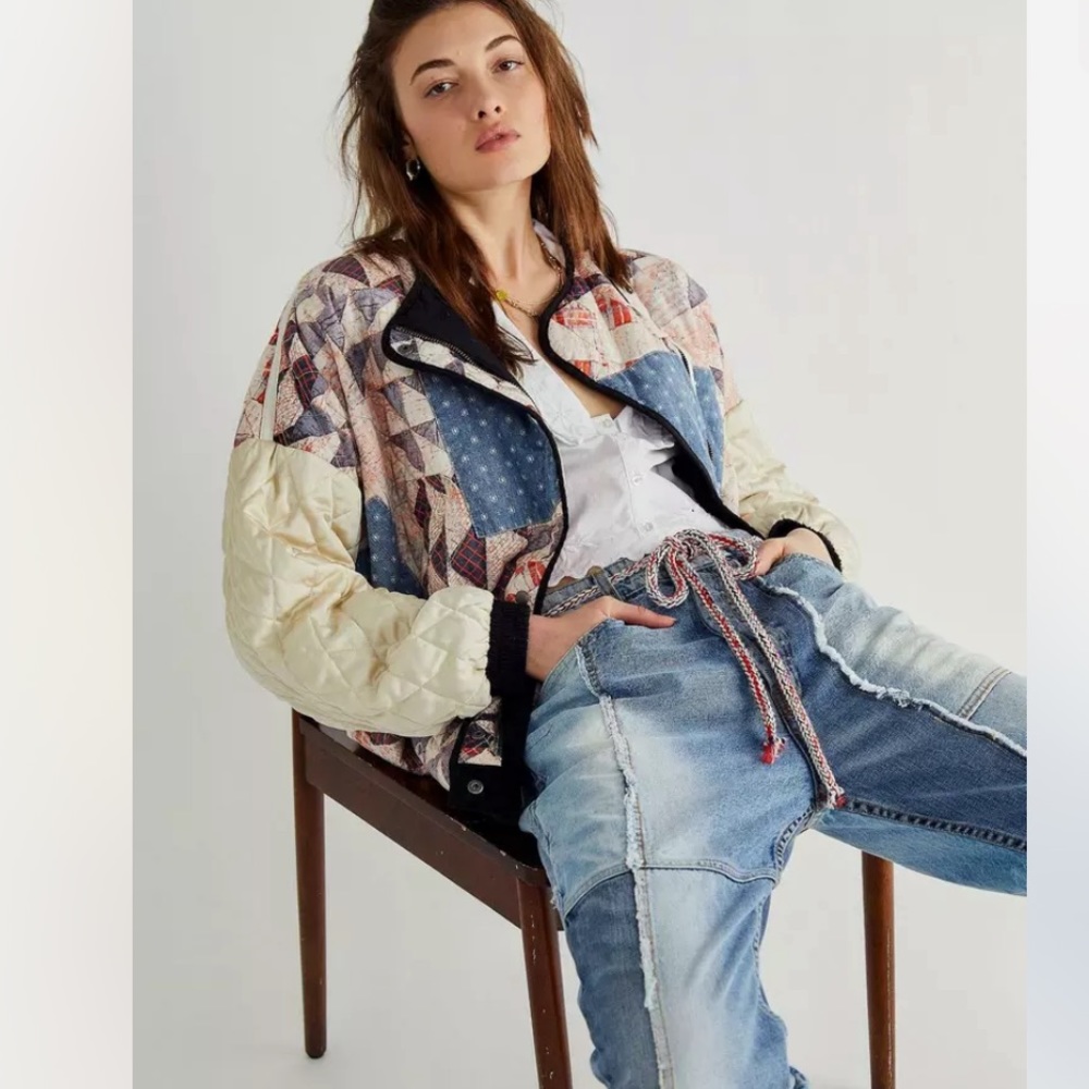Free People Quilted Patchwork Bomber Jacket in Cream, Blue, and Pink